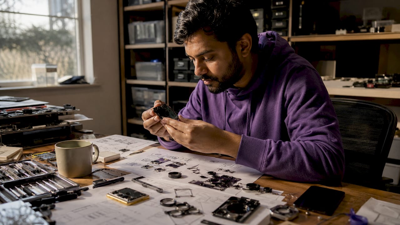 Person inspecting phone camera hardware at desk