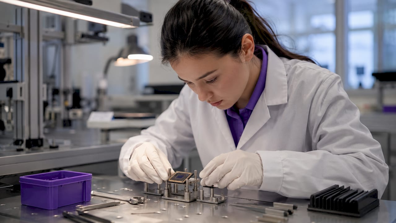 Technician assembling phone camera sensor chip